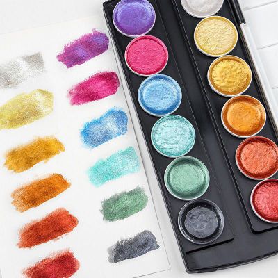 Professional 12 Colors Semi Moist Glitter Metallic Watercolor Paint With Paint Brushes For Designer