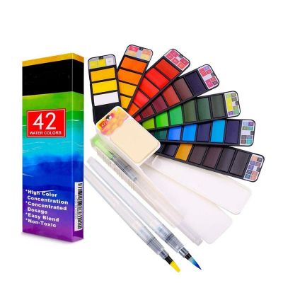 42 Assorted Colors Foldable Paint Set 3 Pcs Water Brush Travel Pocket Watercolor Kit For Artist, Beginning, Students Painters
