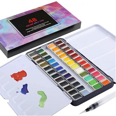 48 Vibrant Colors Watercolor Travel Pan Sets Solid Watercolor with Watercolor Tin Palette,Paint Brush Non-Toxic for Artist