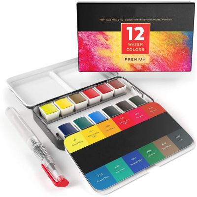 Art Artist Watercolor Paint Solid Cakes Travel Pocket Set Watercolor Painting Water Brush with Metal Box Case