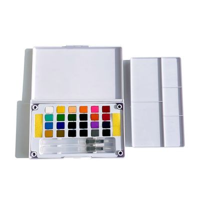 Watercolor Solid Pigment Paint Set 24 Colors with a Separate Palette and Two Water Painting Brush for Art Drawing