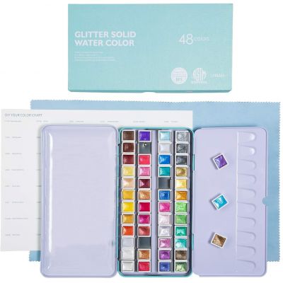 2022 New 48 Colors Glitter Solid Watercolour Solid Paint Box Metallic Watercolor Paints Set With Gift Box For Artists,Student