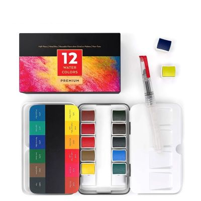 12 Assorted Vibrant Half Pans Colors Tin Box With Water Brush Pen For Artists