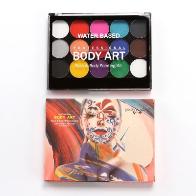 15colors Water Based Face Body Paint Set Painting Palette Makeup Kit with 2Pcs Artist Brushes Non-toxic for Halloween Cosplay