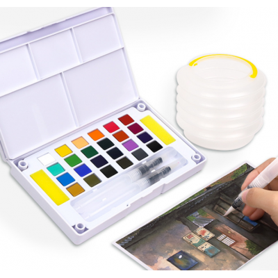 Watercolor paint set 24 solid colors travel pocket set with 2 watercolor brush pens 2 mix palette for watercolor paintings