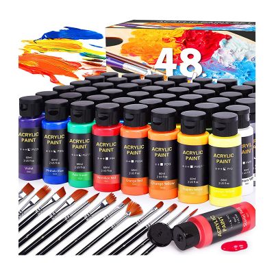 Acrylic Paint Set 48 Colors (2 oz/Bottle) with 12 Art Brushes Art Supplies for Painting Canvas Wood Ceramic & Fabric