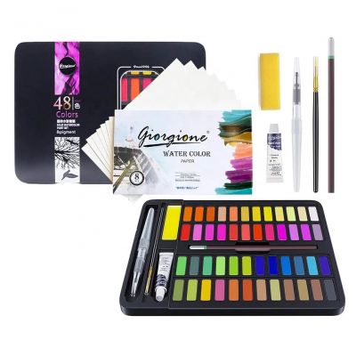 48 colors delicate solid pigment watercolor paint metal box set with brush pen and sketch pencil for art supplies