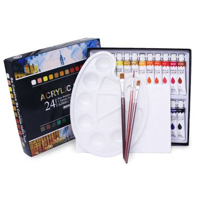 Creative 24 colors 12ml acrylic paint pigment set for art fabric painting art supplies with 3 brushes and 1 palette and 1 canvas