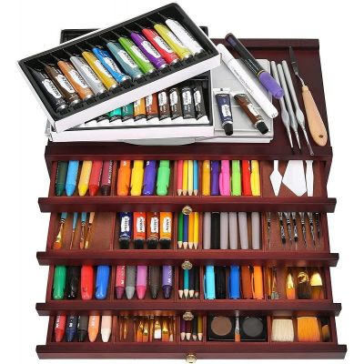  4-drawer Wood Artist Supply Storage Box, Portable Beech wood Multifunctional Pencil Brush Organizer Wood Box with Drawer