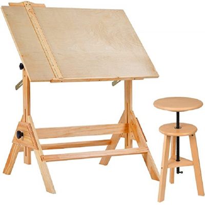 Solid Wood Writing Drafting Table Adjustable Height And Tiltable Tabletop for Artwork Artist Drawing Desk and Stool