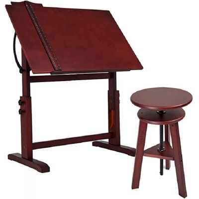 Solid Wood Writing Drafting Table Adjustable Height And Tiltable Tabletop for Artwork Artist Drawing Desk and Stool
