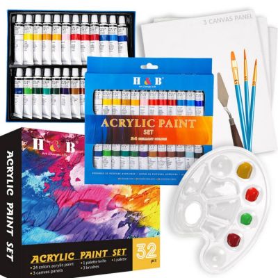 Custom 32pcs acrylic paint brush set 12ml*24 and acrylic paint set for beginners