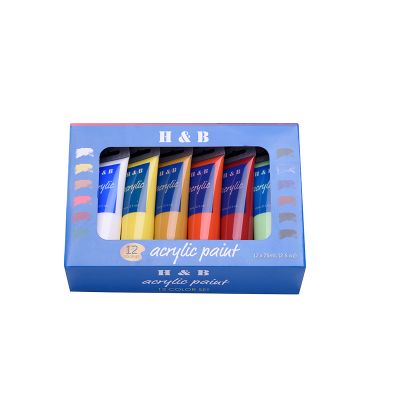 Non-toxic 12pcs/box acrylic artist paint plastic tube 75ml packed price