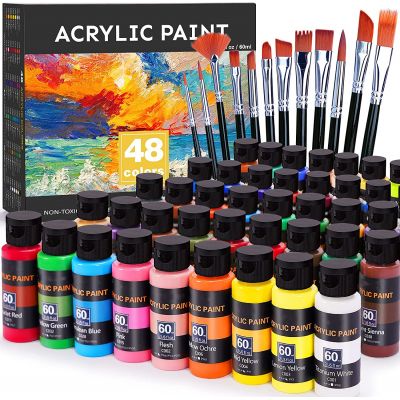 Wholesale High Quality Nox-toxic 48 Colors 60ml Acrylic Paint Bottle Set with 12 Pcs Paint Brush for Kids Painting