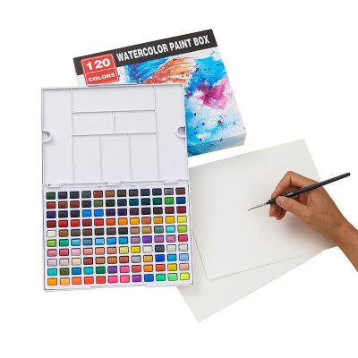 Custom 120 colors Solid Watercolor Paint Set With Water Brush Boxed Storage