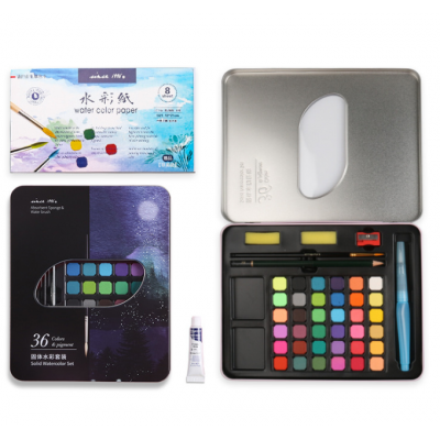 36 colors solid paint cake set, Available DIY drawing stationery set for kids watercolor painting set metal box