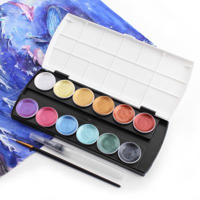 Custom 12Colors Pearlescent Metallic Color Circular Solid Pigment Watercolor Paint Set With Brush Pen And Palette