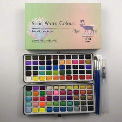 100 colors Solid massive pigment Watercolor Paint Set Custom Logo With paint Brush metallic/pearl Colors Watercolor Paint
