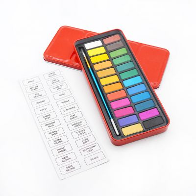 24 colors red tin box customized colorful solid water color paint set professional