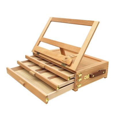 Personalized Artist Polished Foldable Decoration Display Natural Wooden Desktop Easel With Three Layers Drawer