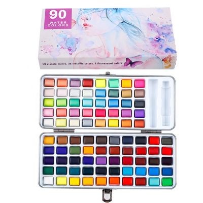 90 Colors Watercolor Paint Solid Glitter Metallic Watercolor Set Box Gouache Pigment Drawing Painting Art Supplies